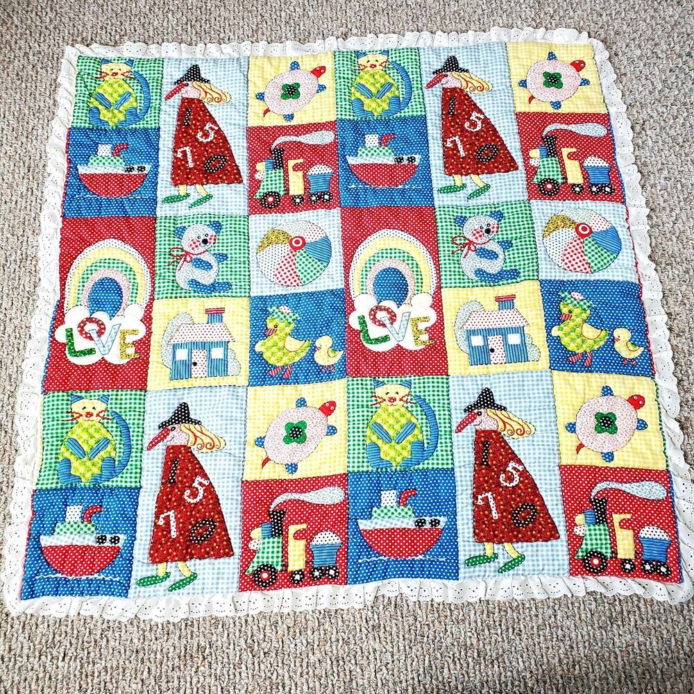 Vintage Baby Quilt Blanket 1970's Spring Mills Childrens Mixed Print  44" X 42"